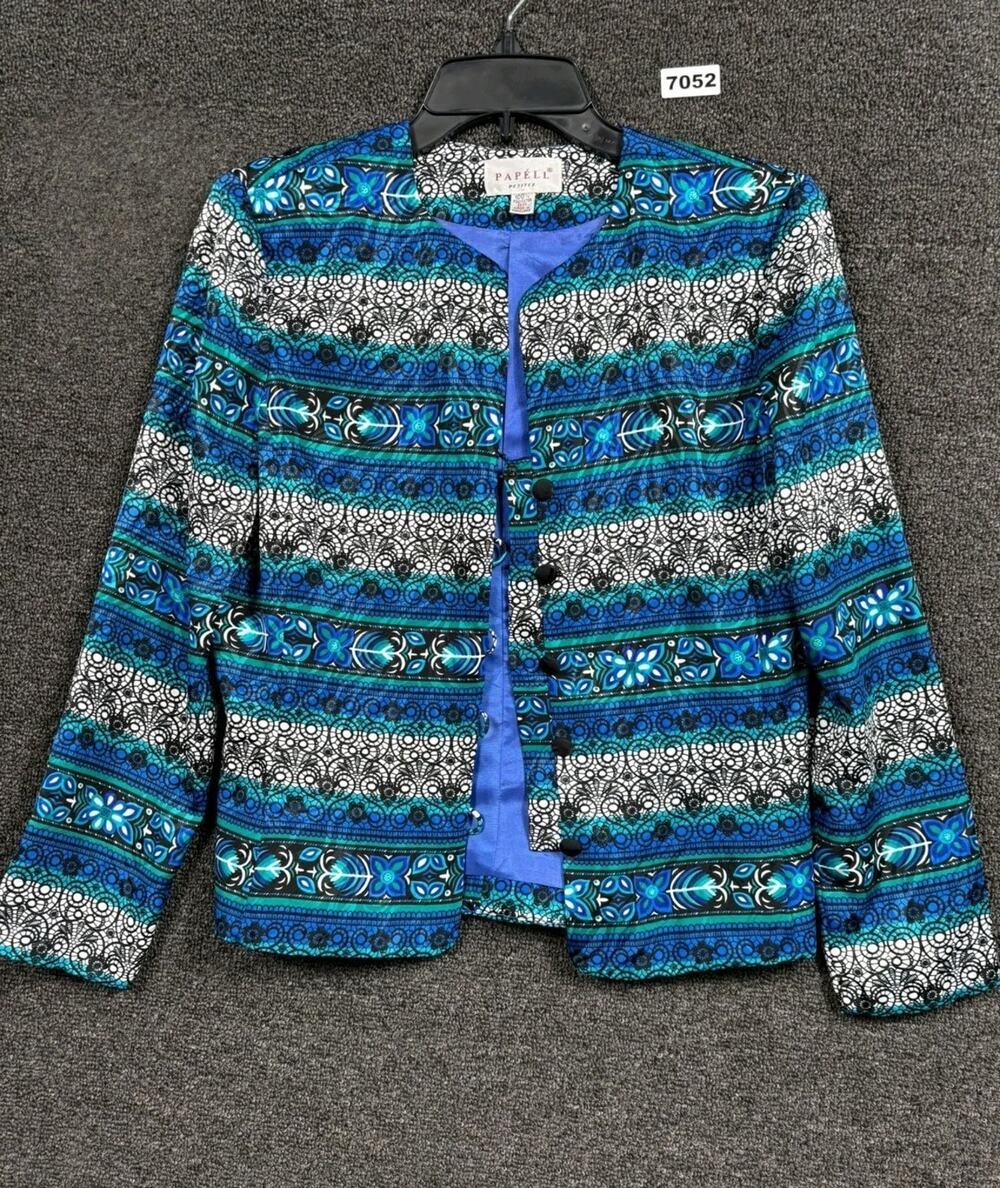 VTG Adrianna Papell New York Blazer Jacket Womens Size 8P Blue Geometric Print